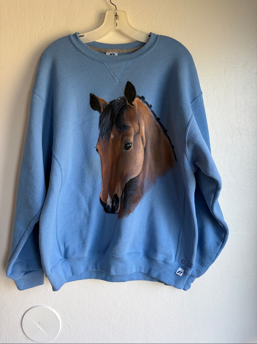 Horse Sweatshirt hand painted blue brown size large